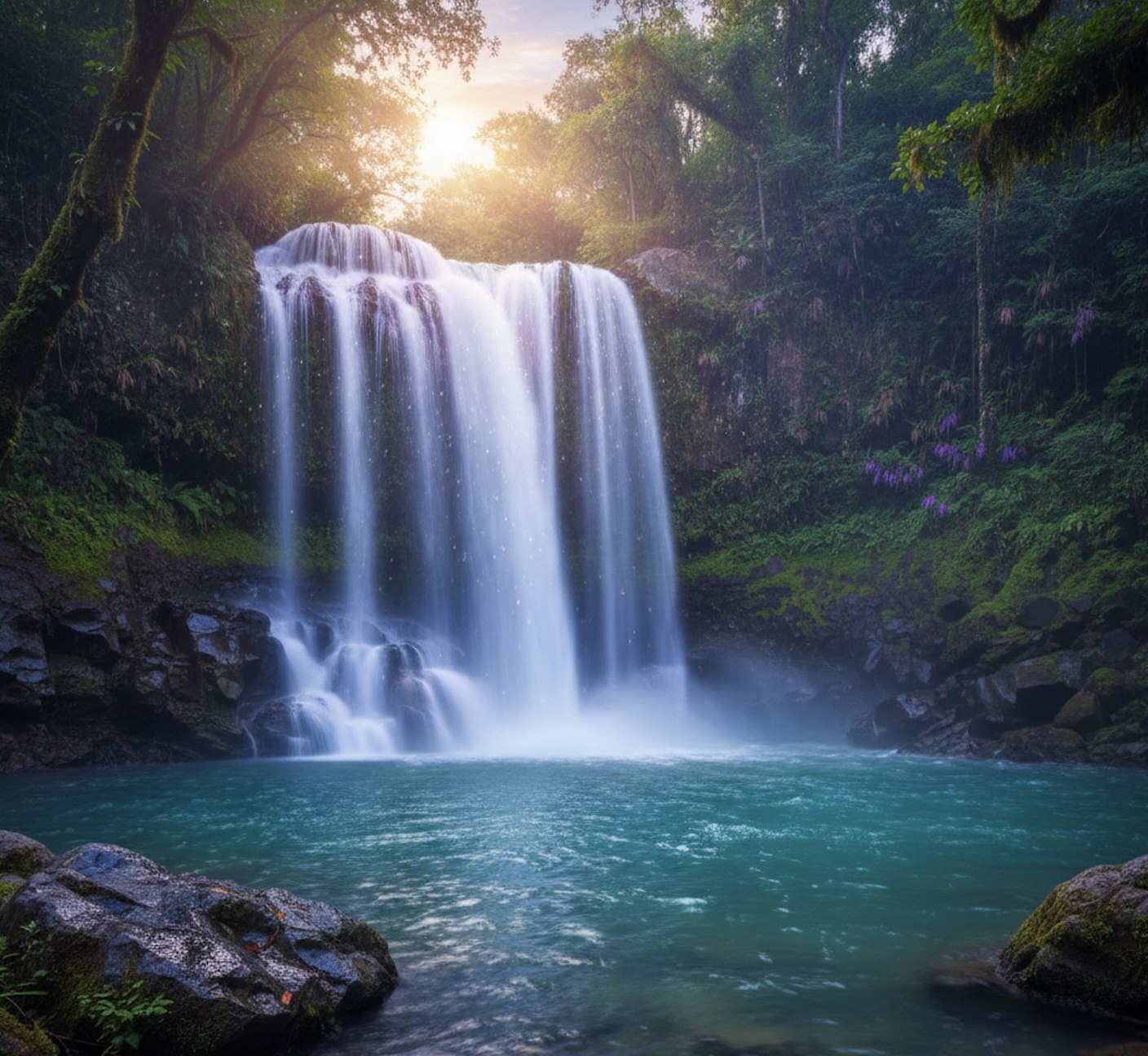 Waterfall cascading into a turquoise pool in a lush forest